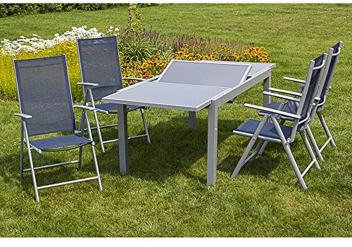 Merxx 5tlg. Amalfi Set, 4 Amalfi Klappsessel, 5-fach verstellbar, 1 Ausziehtisch, 140 (200) x 90 cm, marineblau