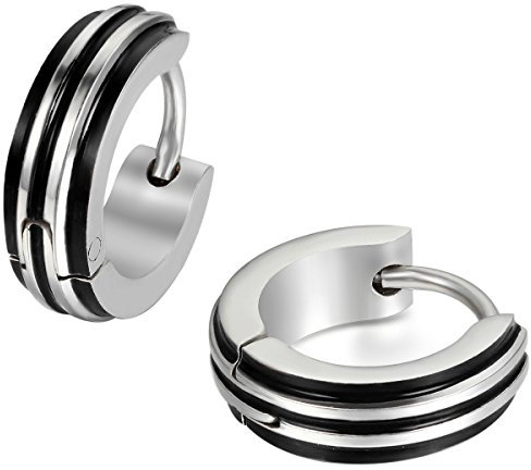 JewelryWe Schmuck Edelstahl Gestüt Stecker Creolen Huggie Ohrringe Ohrstecker Ohrhänger Silber Schwarz Streifen Gestreift Motorradfahrer Biker Einzigartig Herren