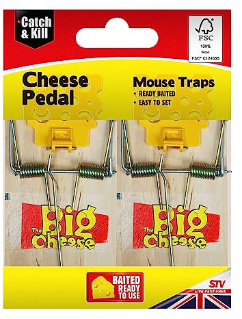 The Big Cheese Pedal FSC Mouse Trap - Twinpack, Cheese Scented and Ready-To-Use, Kills Mice with Spring Mechanism, Dual Settings, Wooden, Indoor and Outdoor Use