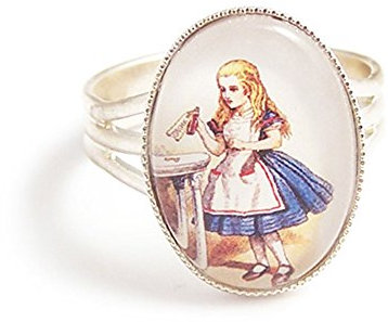 LunarraStar Women Silver Plated Alice in Wonderland Ring Drink Me Bottle Illustration Adjustable