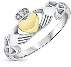 DTPsilver® 925 Sterling Silber Claddagh Ring - Liebe, Loyalität und Freundschaft - Gelb Vergoldet Herz, Mit keltischer Knoten