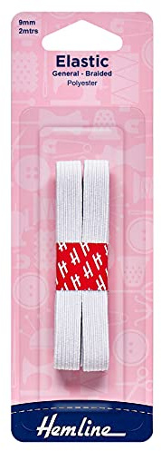 Hemline General Purpose Braided Elastic – 9mm x 2m White Durable Polyester Elastic for Sewing, Swimwear, and Casting Applications, Strong and Hardwearing