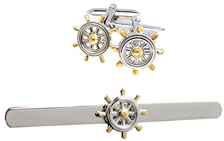 magdalena r. maritimes Set: Krawattenklammer + Manschettenknöpfe Schiff Steuerrad bicolor teilvergoldet + Geschenkboxen