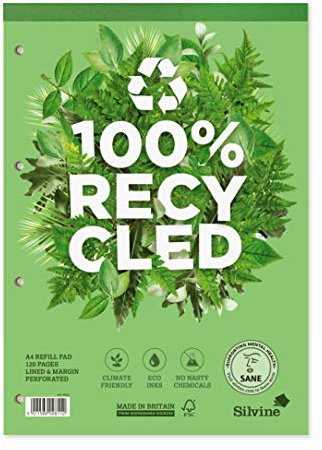 Silvine A4 Premium Recycled Refill Pad. Lined with Margin,White, 120 Pages of 100% Recycled Paper. Ref R101