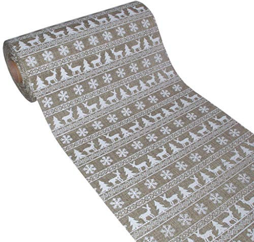 Shabby Chic Tischläufer Winterwald - Tischband Weihnachten - REH Hirsch Tanne Schneeflocke - Tischdeko - Adventszeit - 74-280-5 (Beige-Weiß)