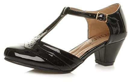 Ajvani Womens Ladies mid Block Heel t-bar Cut Out Buckle Brogue Shoes Sandals , Black Patent, 6 UK