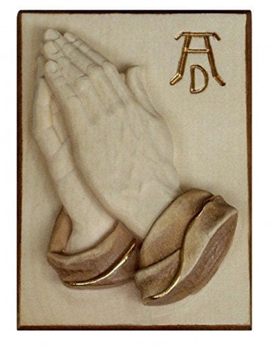 HOLZRELIEF BETENDE HÄNDE NACH DÜRER aus BERGAHORN mit PATINIERTER GOLDAKZENTEN in NATUR 11 x 8,5 cm – christliche WANDDEKO aus Südtirol Geschenk zur KONFIRMATION KOMMUNION FIRMUNG oder zum EINZUG