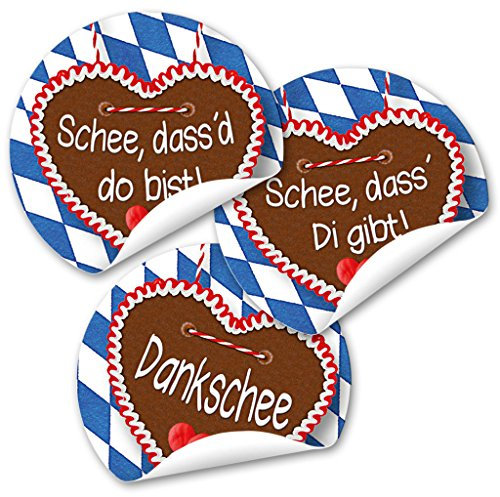 Lebkuchenherz Aufkleber, 24er Set: Oktoberfest Sticker, Bayern Deko, Lebkuchenherzen Bayerisch, Für Karten, Gastgeschenke & Party, Wiesn Dekoration, Oktoberfestdeko Bayerisch, Dekoset, Ø 4 cm