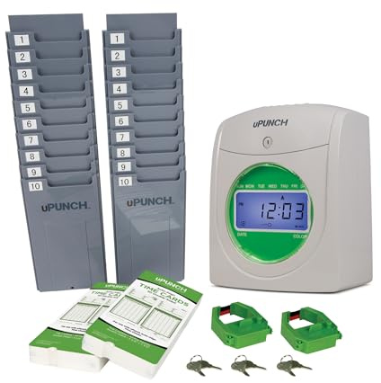 uPunch Time Clock Bundle with 100 Cards, 2 Ribbons, 2 Time Cards Racks, & 6 Keys (HN3500)