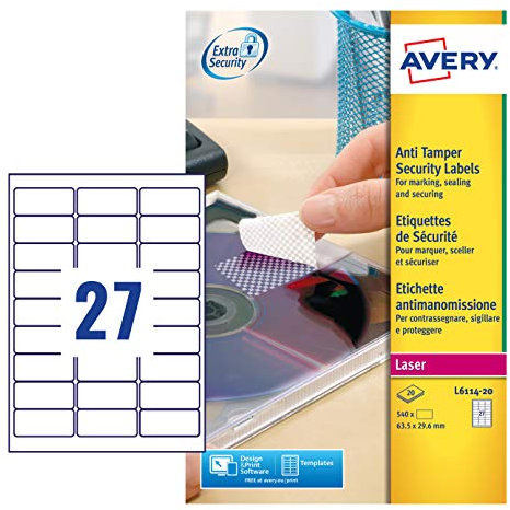 Avery Etiketten, manipulationssicher, 20 Blatt / 27 Etikett pro Blatt