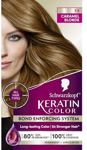 Schwarzkopf Keratin Permanent Hair Dye Cream, 7.5 Caramel Blonde, Professional Quality Color for Up to 100% Gray Coverage, Bond Enforcing System