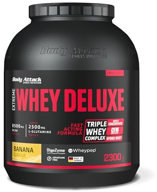 Body Attack Extreme Whey Deluxe - Banana Cream, 2,3 kg - Made in Germany - Eiweißpulver mit Aminosäuren, Triple-Whey-Complex, Isolate, perfekt lösliches Protein-Pulver, fettarm, zuckerarm