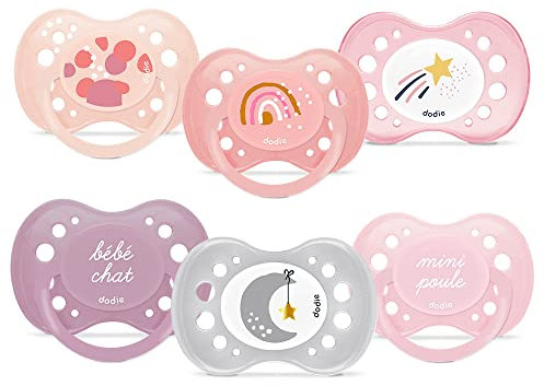 DODIE, Anatomischer Schnuller, Tag und Nacht, Schnuller für Babys, ab 18 Monaten, BPA-frei, robust, Rosa, Mädchen, 6 Stück, davon 2 phosphoreszierend