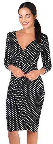 KRISP Women Polka Dot Wrap Midi Dress V-Neck 3/4 Sleeve (Black, 12), 6487-BLK-12