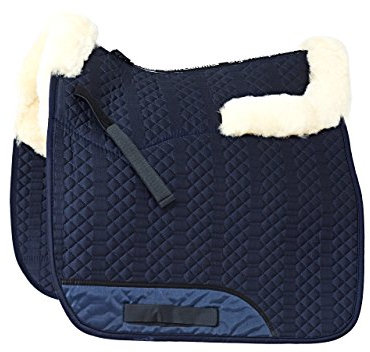 Engel Reitsport | SCHABRA4-D-MAR-MED | Schabracke | Lammfell im Sattelbereich - Half Lined | Steppstoff | Fellkranz vorne & hinten | Dressur | Stoff Marine blau Fell med.