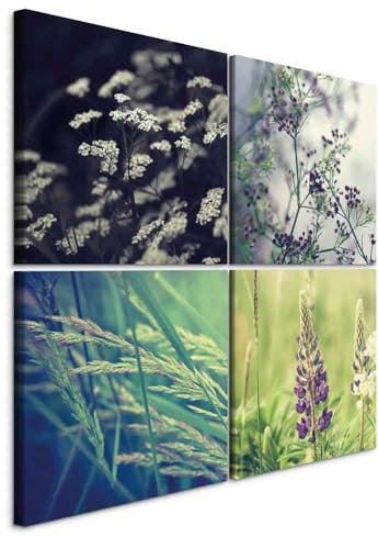 B&D XXL - Wandbilder Set Natur 80x80 cm 4 Teilig je 40x40 Vlies Leinwandbild Kunstdruck modern Wandbilder XXL Wanddekoration Design Wand Bild mehrteilig - Wiese 030210-85