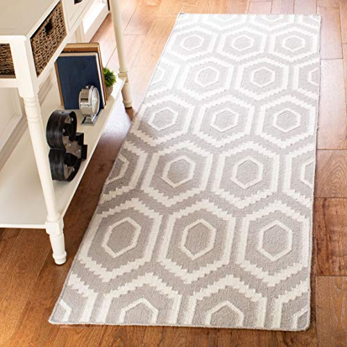 SAFAVIEH Dhurries Collection Runner Rug - 2'6 x 8', Grey & Ivory, Handmade Flat Weave Wool, Ideal for High Traffic Areas in Living Room, Bedroom (DHU556G)