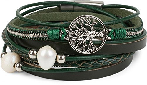 styleBREAKER Wickelarmband mit Perlen, Ketten, Flechtelement und Lebensbaum Anhänger, Magnetverschluss, Armband, Damen 05040070, Farbe:Dunkelgrün