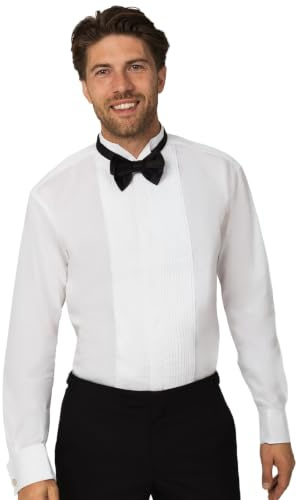 Dobell Mens White Dress Shirt Slim Fit 100% Cotton Wing Collar Pleated Fly Front Double Cuff