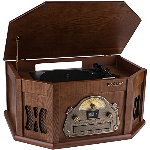 Boytone BT-25MB 8 en 1 Sistema de tocadiscos clásico estéreo de madera natural con conexión Bluetooth, reproductor de discos de vinilo, AM/FM, CD, casete, USB, ranura SD. 2 altavoces integrados,