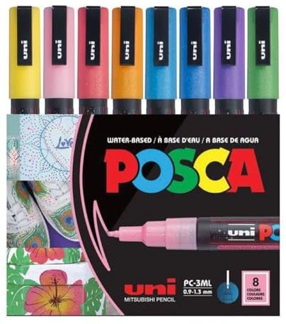 Uni-Ball 186513 - Marqueur POSCA à pointe ogive fine, set de 8, paillettes