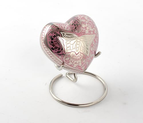 Kleine Urne für Asche, Herzform, mit Box und Ständer, Schmetterlingsmotiv, Rosa