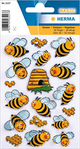 HERMA 3227 Aufkleber Bienen klein groß, 18 Stück, 3D Tiere Sticker mit Bienenwaben Bienenstock Motiv, Kinder Etiketten für Fotoalbum Tagebuch Poesiealbum Scrapbooking Geburtstag Deko DIY Basteln