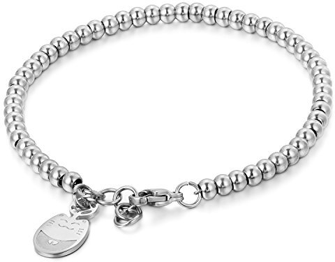 JewelryWe Katze Armband Perlenarmband Damen: Silber Edelstahl Charme Perlen Armband Verstellbar Handgelenk Kugel Perlenkette Armreif mit Lucky Cat Glückskatze Anhänger Geschenk für Frau Mädchen