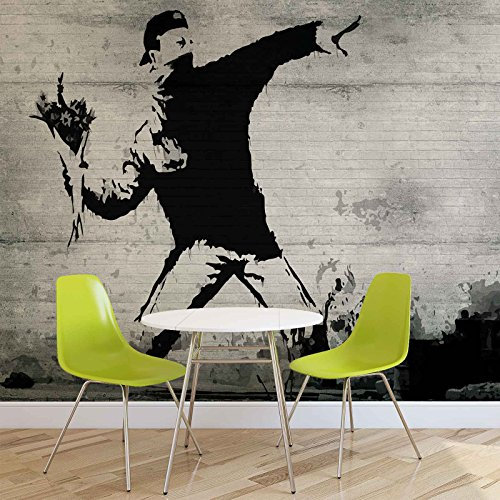 Forwall Vlies Fototapete Tapete Vliestapete Hooligan mit Blumen Bansky AF3026VEXXL (312cm x 219cm) Photo Wallpaper Mural