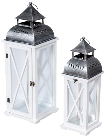 Lot de 2 lanternes en bois, métal et verre – Couleur Blanche – Table en bois lanternes lanternes photophores lanternes de jardin style shabby chic Décoration