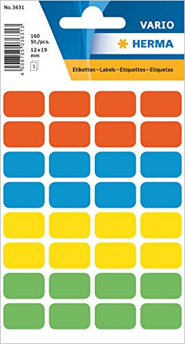HERMA 3631 Vielzweck-Etiketten, 160 Stück, 12 x 18 mm, 32 pro Bogen, selbstklebend, Haushaltsetiketten zum Beschriften für Kalender Planer Basteln, matt, blanko Papier Klebeetiketten Aufkleber, bunt