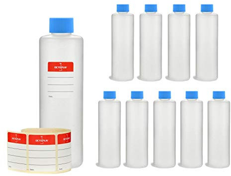 Octopus Bouteilles en Plastique 10 x 250 ML, Bouteilles en Plastique PE-HD avec Bouchon à vis de Bleu, Bouteilles vides avec Bouchons à vis Bleu, Bouteilles Rondes. Dix étiquettes incluses.