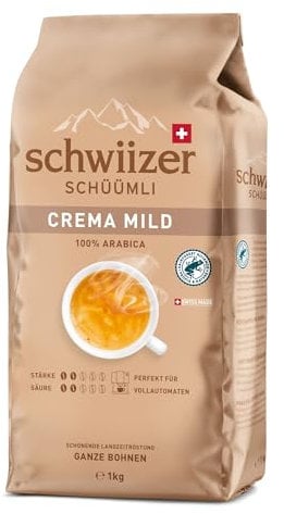 Schwiizer Schüümli Crema Mild, 100 Prozent edle Arabica Kaffeebohnen, fruchtig-nussig, für Vollautomaten, Stärke 2/5, helle Röstung, Rainforest Alliance-zertifiziert, 1kg