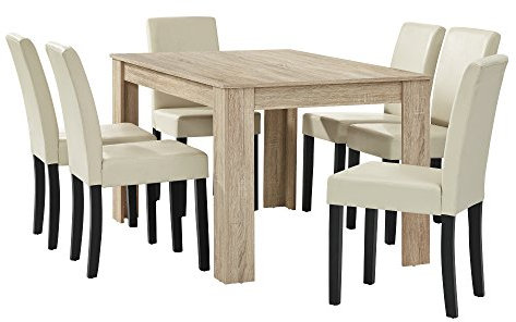 [en.casa] Esstisch Eiche hell mit 6 Stühlen Creme Kunstleder gepolstert 140x90 Essgruppe Esszimmer