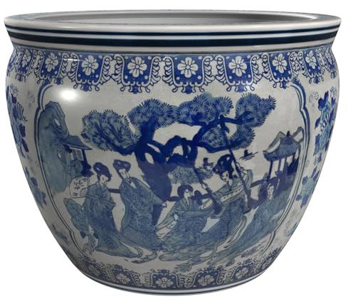 Red Lantern 12 Ladies Blue & White Porcelain Fishbowl Planter or Cachepot for Indoor/Outdoor Use in Garden Entryway Living Room Boho Eclectic Modern Contemporary Classic Traditional Style Decor