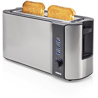 Princess 142353 Tostadora con una ranura extralarga, 6 niveles de tostado, Funciones de descongelado, de calentamiento y de cancelación, Bandeja migas extraíble, 1000 W, Acero Inoxidable