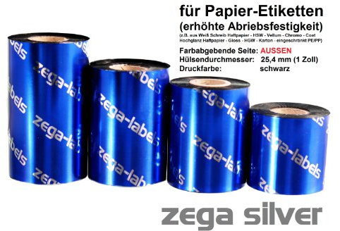 zega-labels Thermotransfer Farbband 60 mm x 300 m - zega silver (Wachs/Harz Wischfest) - Farbseite AUSSEN - Ribbon für Zebra ZT-Serie/ZM400/ZD420T/ZD421T - 1 Zoll Kern Ø 25 mm - für Papieretiketten