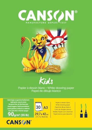 CANSON Kids - Bloc 30 feuilles papier à dessin - A3 - 29,7 x 42 cm - 90g/m² - Blanc