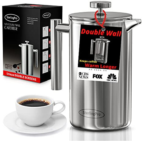 SterlingPro French Press Coffee Maker(1L)-Double Walled Large Coffee Press with 2 Extra Filters -Enjoy Granule-Free Coffee, Stylish Rust Free Kitchen Accessory-Stainless Steel (Mirror Finish, 34oz)