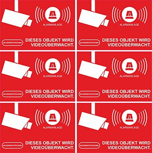 Aufkleber Alarmgesichert - Alarmanlage 6-Set 52x35mm - Rechteckig - rot