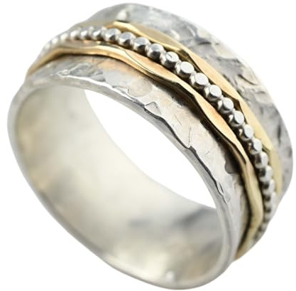 Bicolor Damenring aus 925er Silber & 333 Gold Noemi – Breiter Drehring mit Hammerschlag-Design– Spinner-Ring gegen Stress - Statement Ring für Frauen - ca. 9.8 mm breit