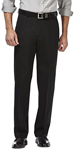 Haggar Mens Non Iron Expandable Plain Front Trousers, Black, 34 W/30 L
