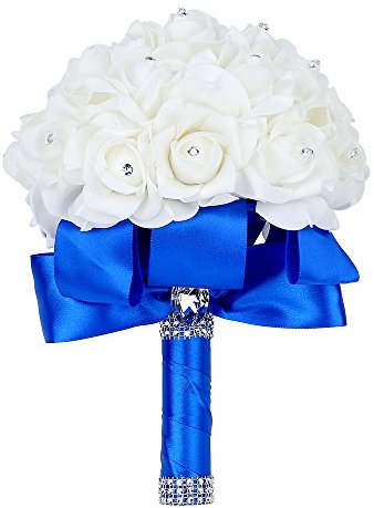 Febou Bouquet da sposa fatto a mano, per damigella d'onore, bouquet da sposa con cristalli morbidi, fiori di rosa artificiali per matrimoni, feste e chiesa (blu reale)