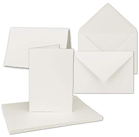 50x Vintage Faltkarten-Set mit Zackenschnitt hochdoppelt - Natur-Weiß - Edel-Bütten Karten mit Umschläge - DIN A5-14,8 x 21 cm - imitierter Büttenrand - by GUSTAV NEUSER
