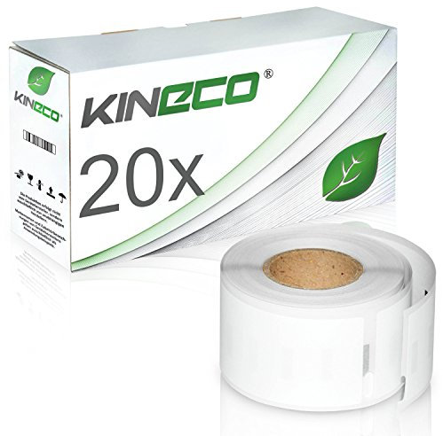 Kineco 20x 130 Adressetiketten Rollen, kompatibel mit Dymo LabelWriter 450 Twin Turbo, Labelwriter 400, 310, 320, 330 Series, SE450 - je 130 Etiketten (2600), 28x89mm, Weiß, Papier, Rechteckig