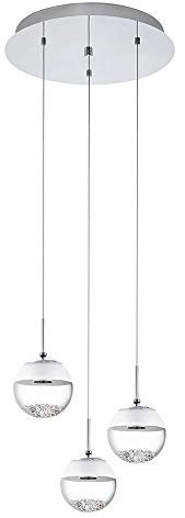 EGLO LED Pendelleuchte Montefio 1, 3 flammige Hängelampe, Pendellampe aus Metall, Glas und Kristall, Hängeleuchte in Chromfarben, Weiß, LED Esstischlampe warmweiß, Ø 40 cm