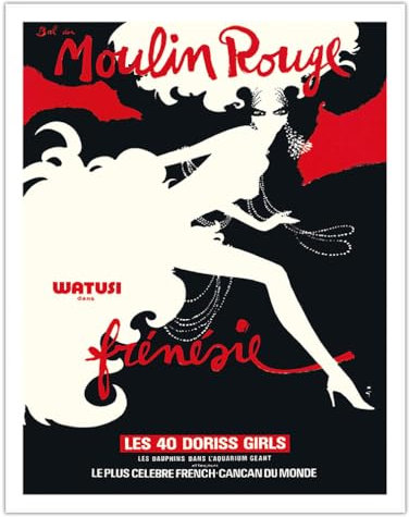 Pacifica Island Art - Moulin Rouge Kabarett - Paris, Frankreich - Watusi-Tanz - 40 Doriss-Mädchen - Retro Theater Plakat von René Gruau c.1970 - Kunstdruck 28 x 36 cm