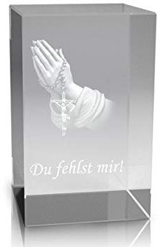 VIP-LASER 3D Glaskristall Quader XL mit betenden Händen und dem Text Du fehlst Mir! - für die Ewigkeit in Glas graviert!