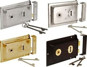 Ironmongery World Old Victorian Style Double Handed Flanged Rim Door Lock Latch 6 x 4 in 4 Finishes - Black