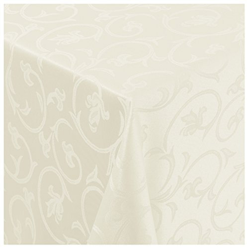 Tischdecke Stoff Damast Barock Jacquard Ranken Design mit Saum rund 220 cm Creme-Champagner